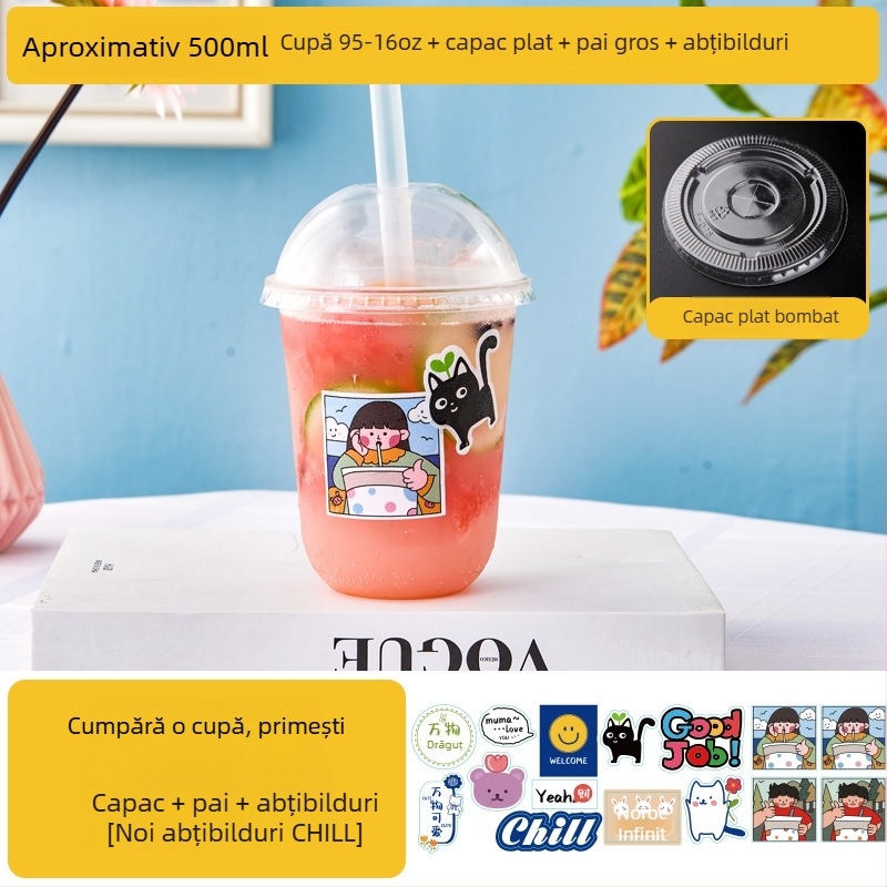 Pahar de unică folosință pentru ceai cu lapte, cu capac, recipient transparent pentru băuturi reci, ceai cu lămâie și suc de fructe