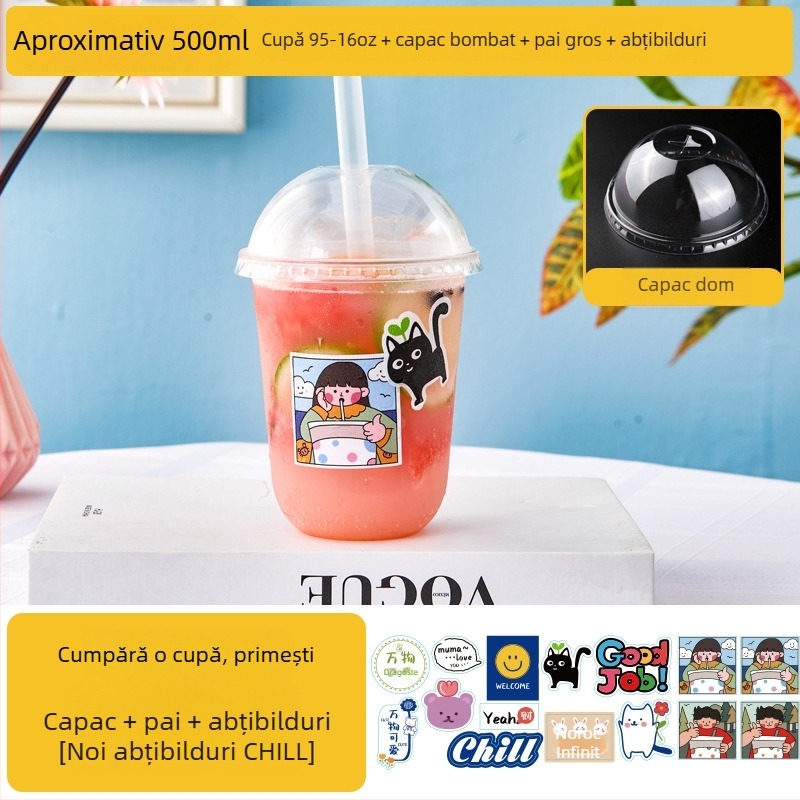 Pahar de unică folosință pentru ceai cu lapte, cu capac, recipient transparent pentru băuturi reci, ceai cu lămâie și suc de fructe