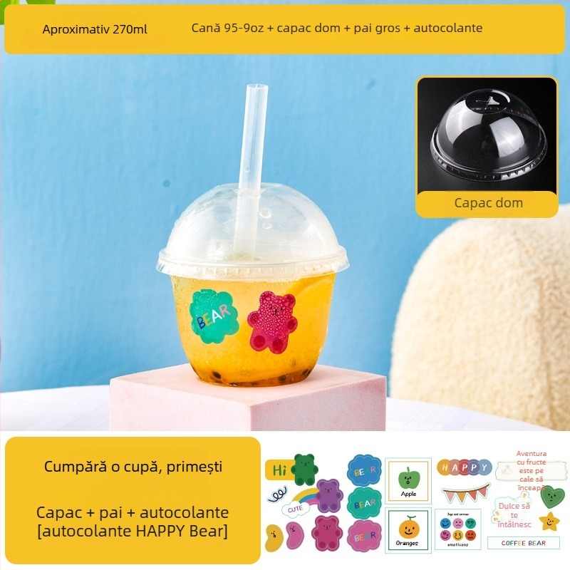 Pahar de unică folosință pentru ceai cu lapte, cu capac, recipient transparent pentru băuturi reci, ceai cu lămâie și suc de fructe