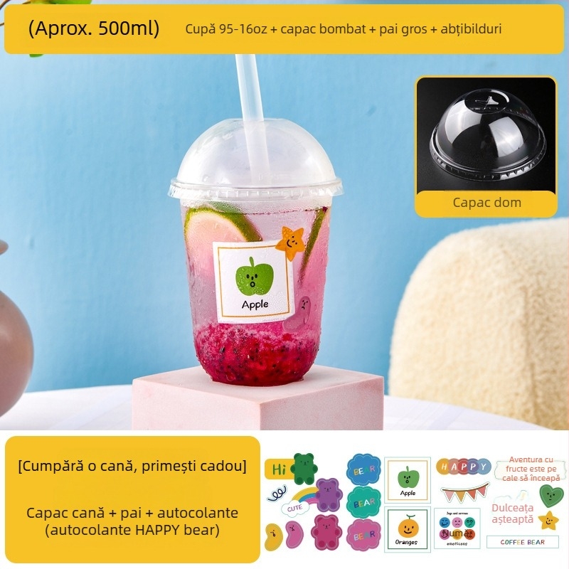 Pahar de unică folosință pentru ceai cu lapte, cu capac, recipient transparent pentru băuturi reci, ceai cu lămâie și suc de fructe