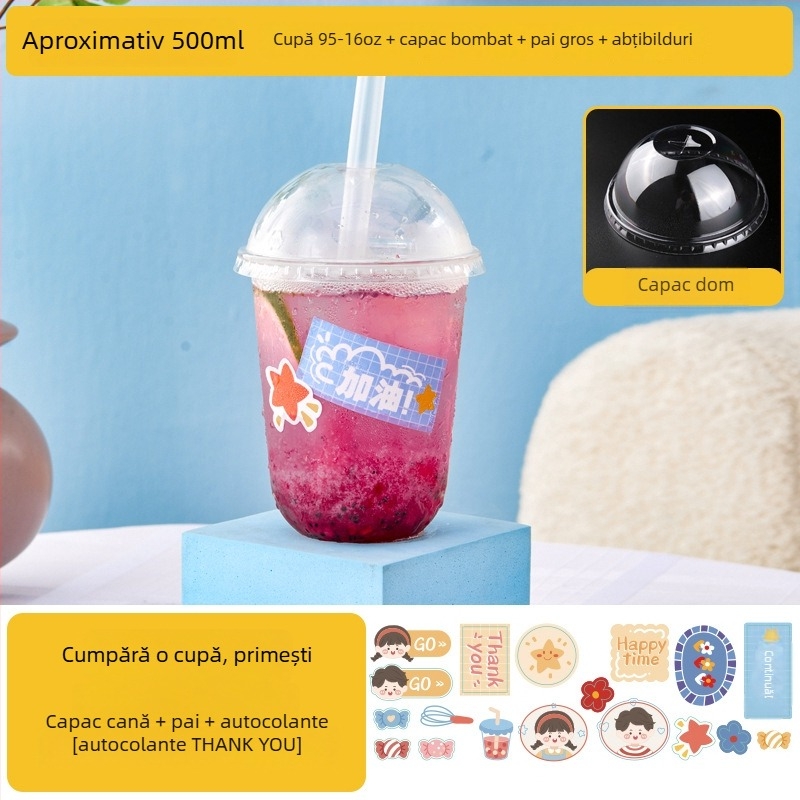 Pahar de unică folosință pentru ceai cu lapte, cu capac, recipient transparent pentru băuturi reci, ceai cu lămâie și suc de fructe