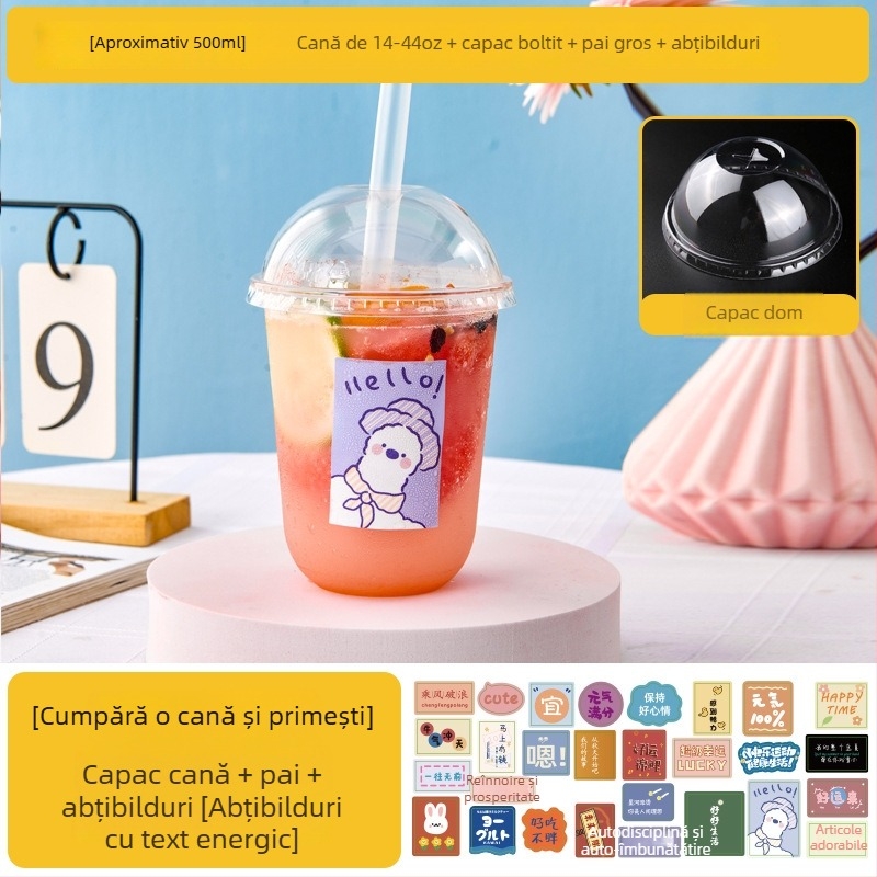 Pahar de unică folosință pentru ceai cu lapte, cu capac, recipient transparent pentru băuturi reci, ceai cu lămâie și suc de fructe