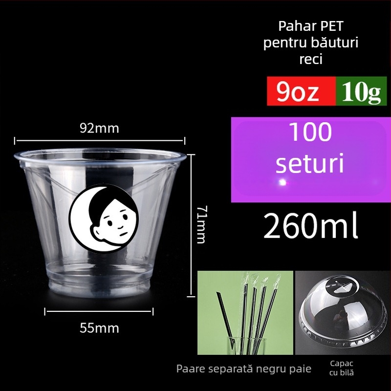 Pahar PET de unică folosință pentru băuturi cu lapte/latte, 301–400 ml, transparent, anti-scurgeri, imprimare logo, personalizare disponibilă