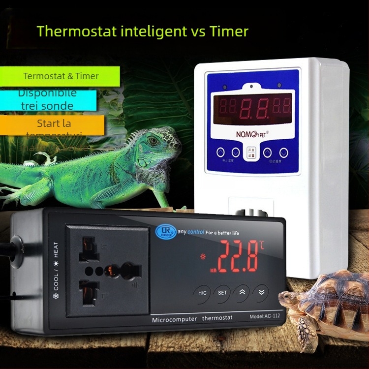 Terrarium din lemn pentru reptile, cu lampă ceramică și termostat electronic pentru controlul temperaturii