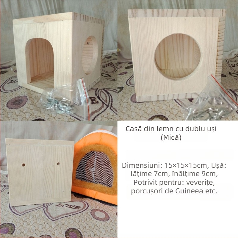 Casă din lemn pentru animale de companie mici: hamsteri, porcușori de Guineea, chinchile, iepuri și arici