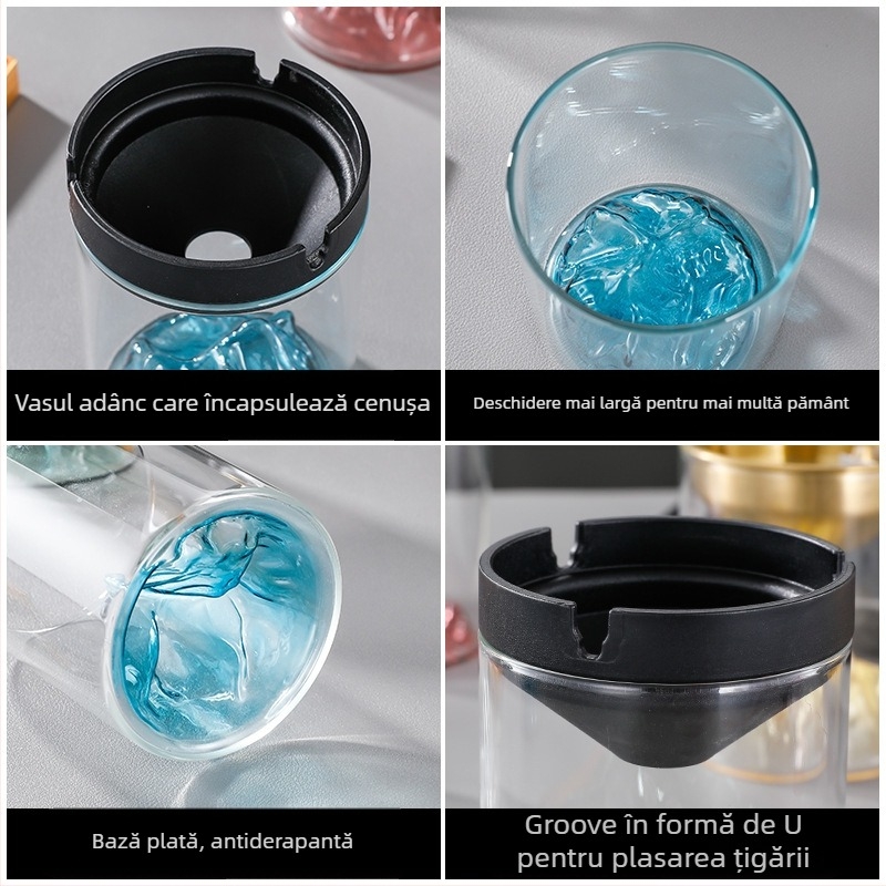 Scrumieră din sticlă cu capac – rezistentă la vânt, borosilicat, reutilizabilă pentru casă, birou sau cafenea
