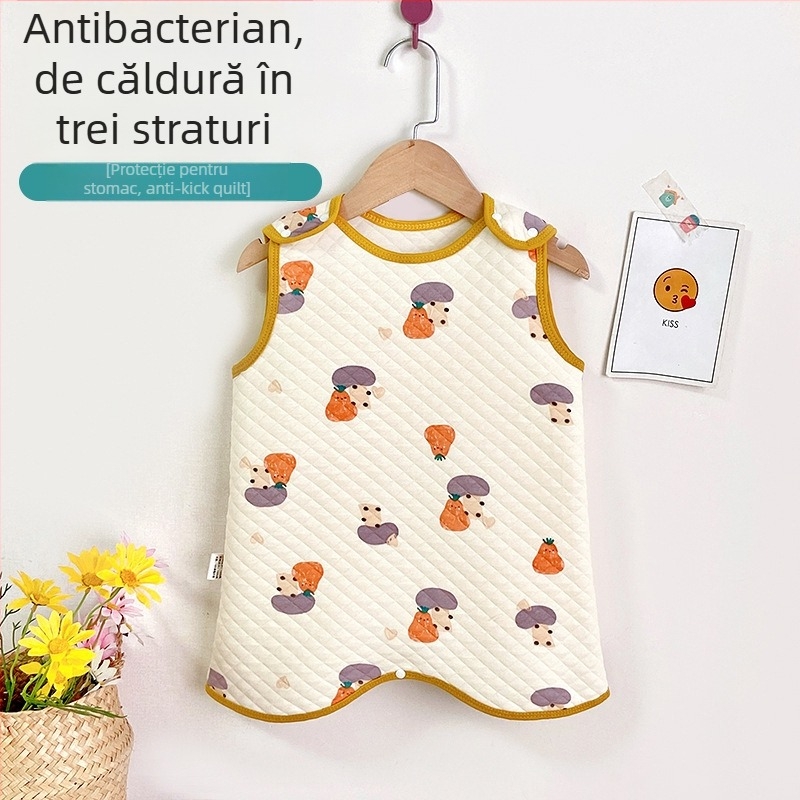 Sac de dormit vest pentru copii, trei straturi de umplutură din bumbac, exterior din bumbac pieptănat, căptușeală din bumbac, antibacterian, fermoar nylon, model desen animat