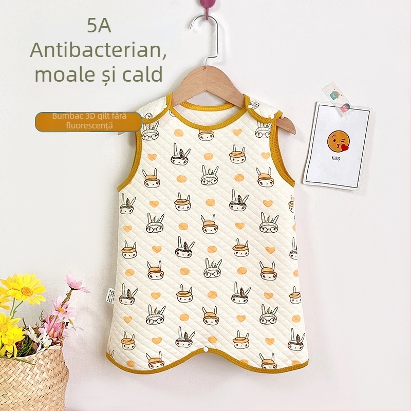 Sac de dormit vest pentru copii, trei straturi de umplutură din bumbac, exterior din bumbac pieptănat, căptușeală din bumbac, antibacterian, fermoar nylon, model desen animat