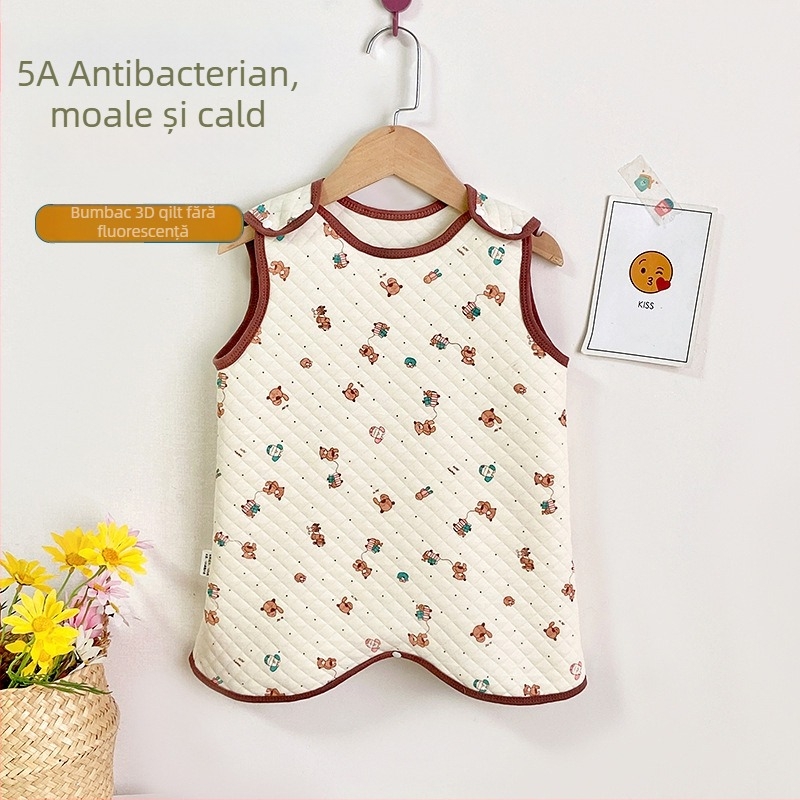Sac de dormit vest pentru copii, trei straturi de umplutură din bumbac, exterior din bumbac pieptănat, căptușeală din bumbac, antibacterian, fermoar nylon, model desen animat
