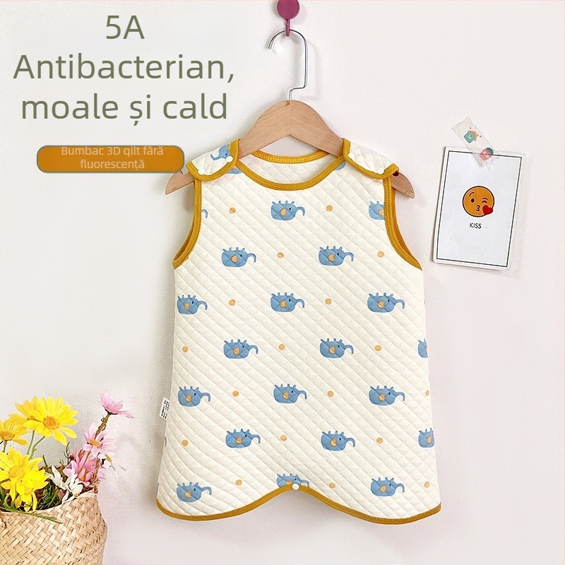 Sac de dormit vest pentru copii, trei straturi de umplutură din bumbac, exterior din bumbac pieptănat, căptușeală din bumbac, antibacterian, fermoar nylon, model desen animat