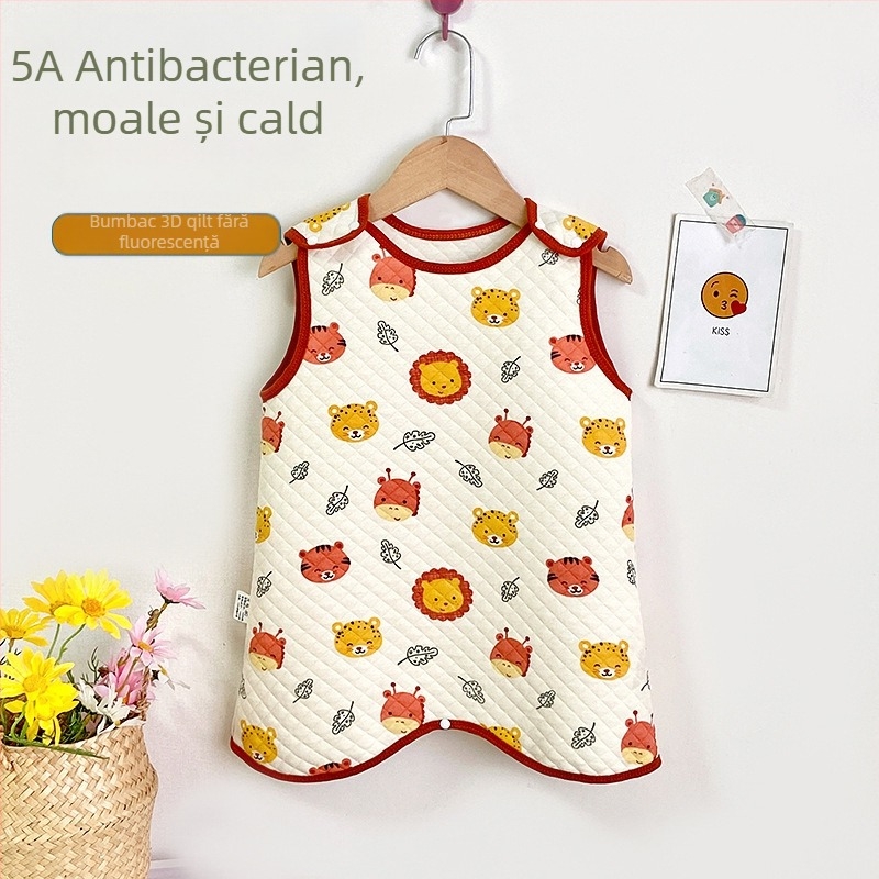 Sac de dormit vest pentru copii, trei straturi de umplutură din bumbac, exterior din bumbac pieptănat, căptușeală din bumbac, antibacterian, fermoar nylon, model desen animat