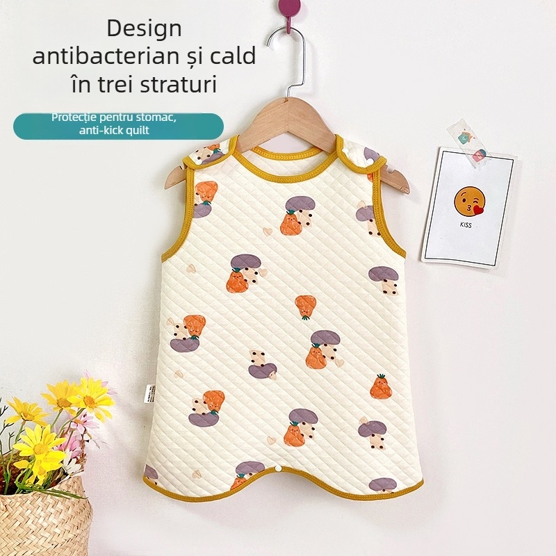 Sac de dormit vest pentru copii, trei straturi de umplutură din bumbac, exterior din bumbac pieptănat, căptușeală din bumbac, antibacterian, fermoar nylon, model desen animat