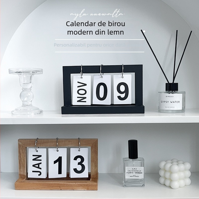 Calendar de birou din lemn – decor Anul Iepurelui, fundal fotografic ne-reflexiv pentru uz casnic; greutate 0.22 kg; lansat 2023-03-06; cu garanție.