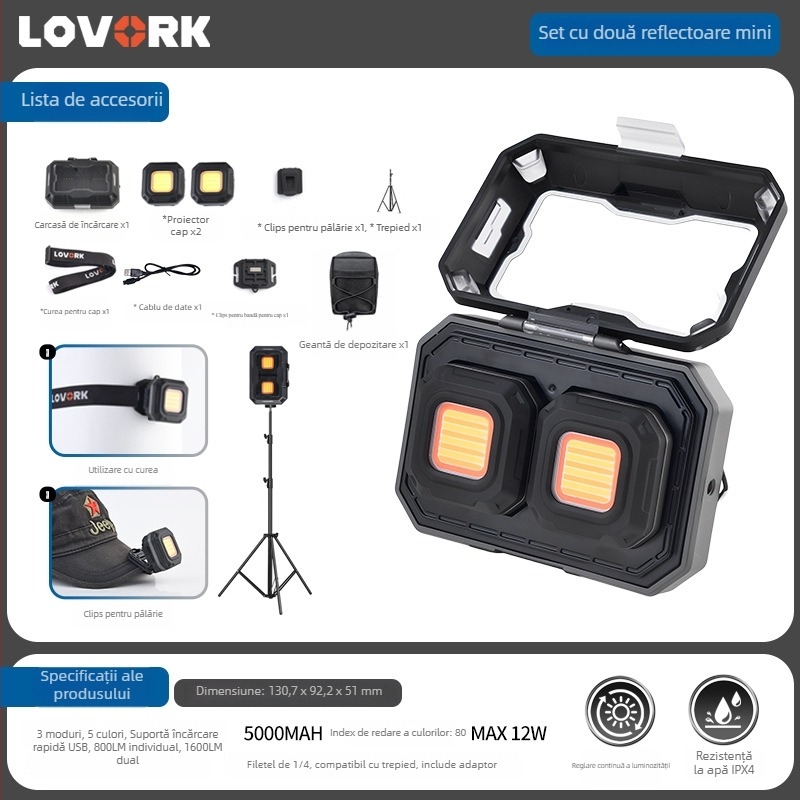 Lampă LED pentru camping cu design modular și două lămpi, lanternă de completare reîncărcabilă