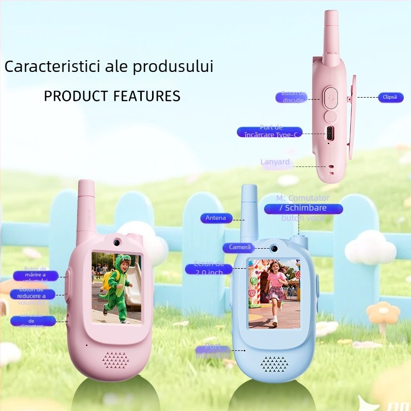 Interfon video pentru copii cu afișaj, dual canal, până la 1,5 km, baterie litiu 1000 mAh