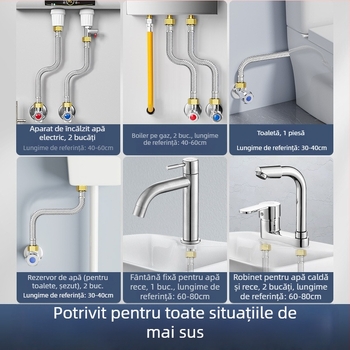 Furtun metalic împletit din oțel inoxidabil, cu capete din cupru, pentru alimentarea cu apă caldă și rece la încălzitorul de apă al toaletei, conexiune cu patru porturi, conectare metalică rezistentă la explozii