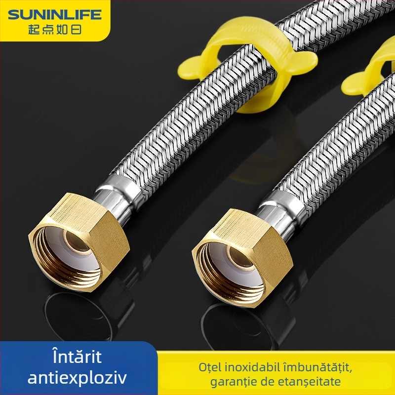 Furtun metalic împletit din oțel inoxidabil, cu capete din cupru, pentru alimentarea cu apă caldă și rece la încălzitorul de apă al toaletei, conexiune cu patru porturi, conectare metalică rezistentă la explozii