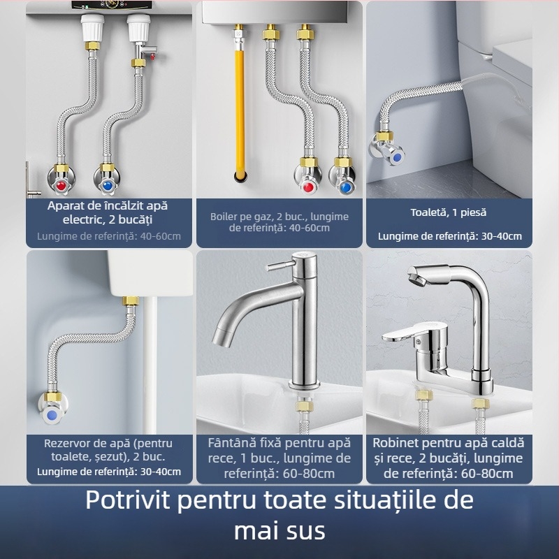 Furtun metalic împletit din oțel inoxidabil, cu capete din cupru, pentru alimentarea cu apă caldă și rece la încălzitorul de apă al toaletei, conexiune cu patru porturi, conectare metalică rezistentă la explozii
