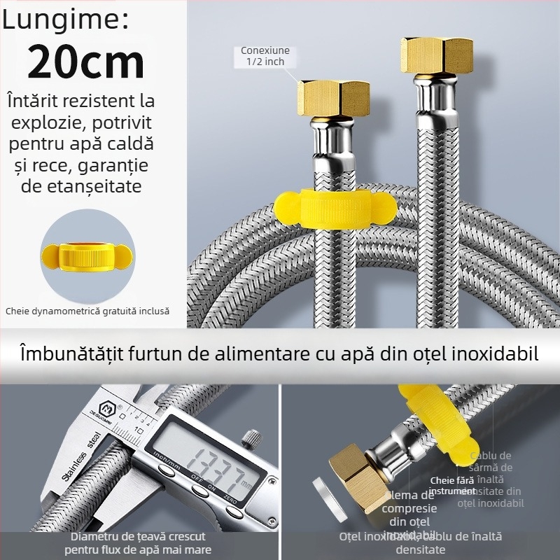 Furtun metalic împletit din oțel inoxidabil, cu capete din cupru, pentru alimentarea cu apă caldă și rece la încălzitorul de apă al toaletei, conexiune cu patru porturi, conectare metalică rezistentă la explozii