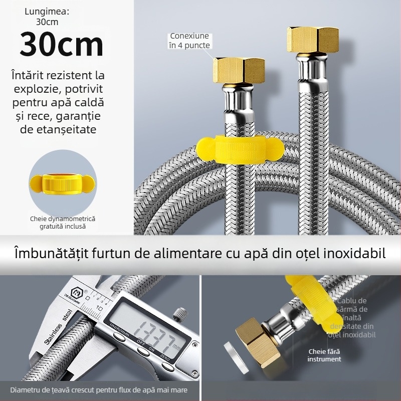 Furtun metalic împletit din oțel inoxidabil, cu capete din cupru, pentru alimentarea cu apă caldă și rece la încălzitorul de apă al toaletei, conexiune cu patru porturi, conectare metalică rezistentă la explozii
