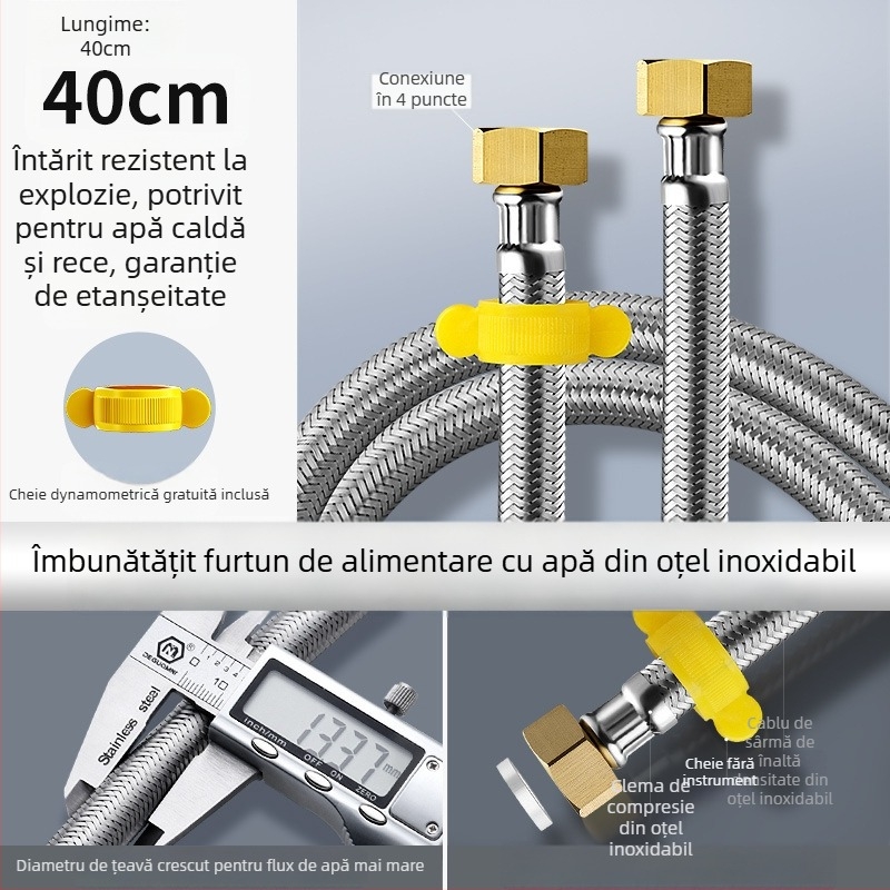 Furtun metalic împletit din oțel inoxidabil, cu capete din cupru, pentru alimentarea cu apă caldă și rece la încălzitorul de apă al toaletei, conexiune cu patru porturi, conectare metalică rezistentă la explozii