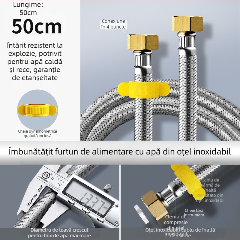 Furtun metalic împletit din oțel inoxidabil, cu capete din cupru, pentru alimentarea cu apă caldă și rece la încălzitorul de apă al toaletei, conexiune cu patru porturi, conectare metalică rezistentă la explozii