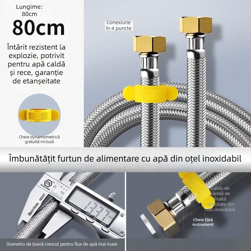 Furtun metalic împletit din oțel inoxidabil, cu capete din cupru, pentru alimentarea cu apă caldă și rece la încălzitorul de apă al toaletei, conexiune cu patru porturi, conectare metalică rezistentă la explozii