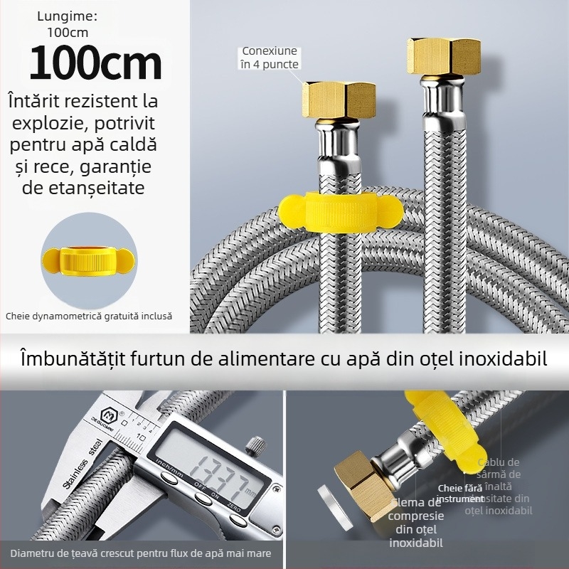 Furtun metalic împletit din oțel inoxidabil, cu capete din cupru, pentru alimentarea cu apă caldă și rece la încălzitorul de apă al toaletei, conexiune cu patru porturi, conectare metalică rezistentă la explozii