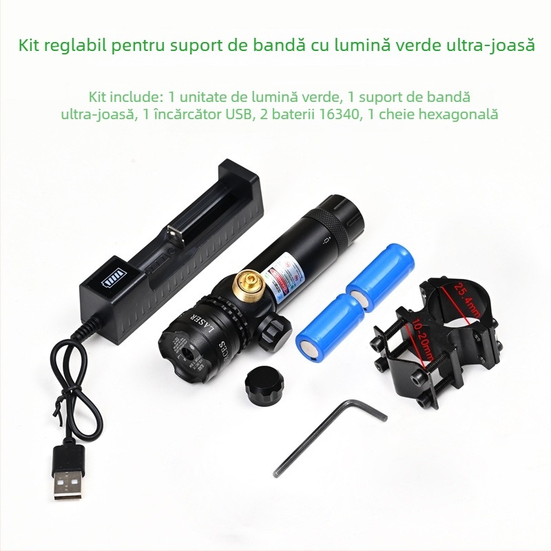 Vizor laser verde cu clemă pe țeavă, profil redus, anti-seismic, reglaj pe două axe