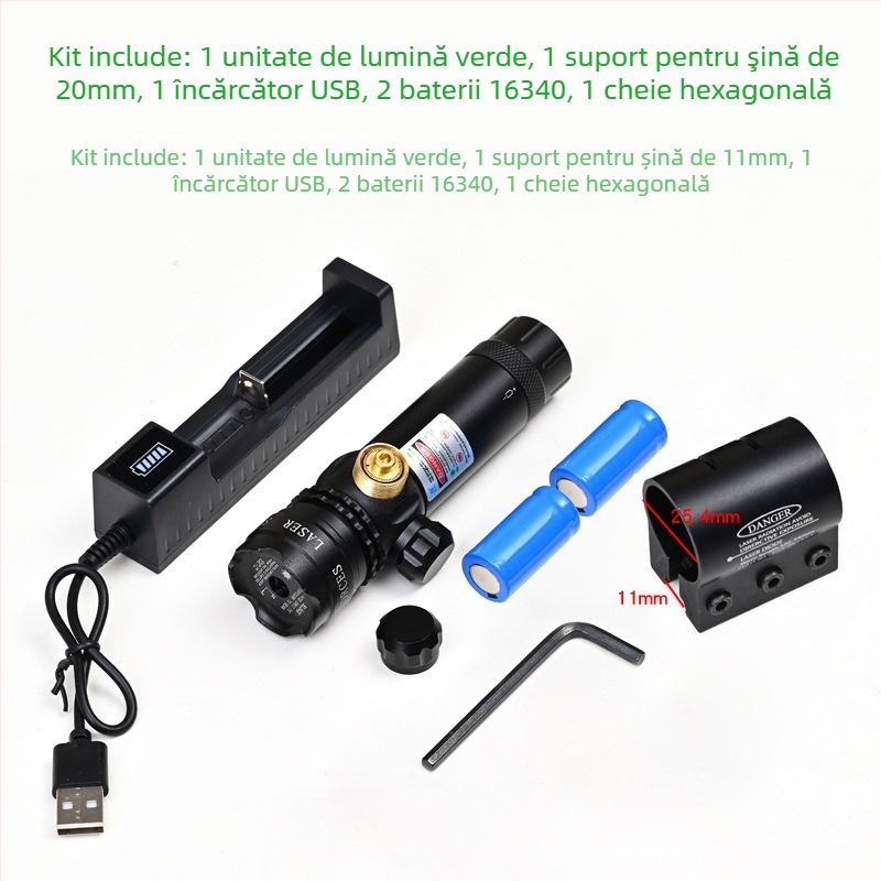 Vizor laser verde cu clemă pe țeavă, profil redus, anti-seismic, reglaj pe două axe