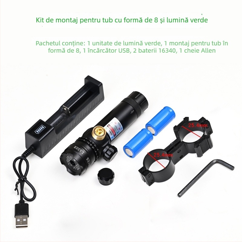 Vizor laser verde cu clemă pe țeavă, profil redus, anti-seismic, reglaj pe două axe