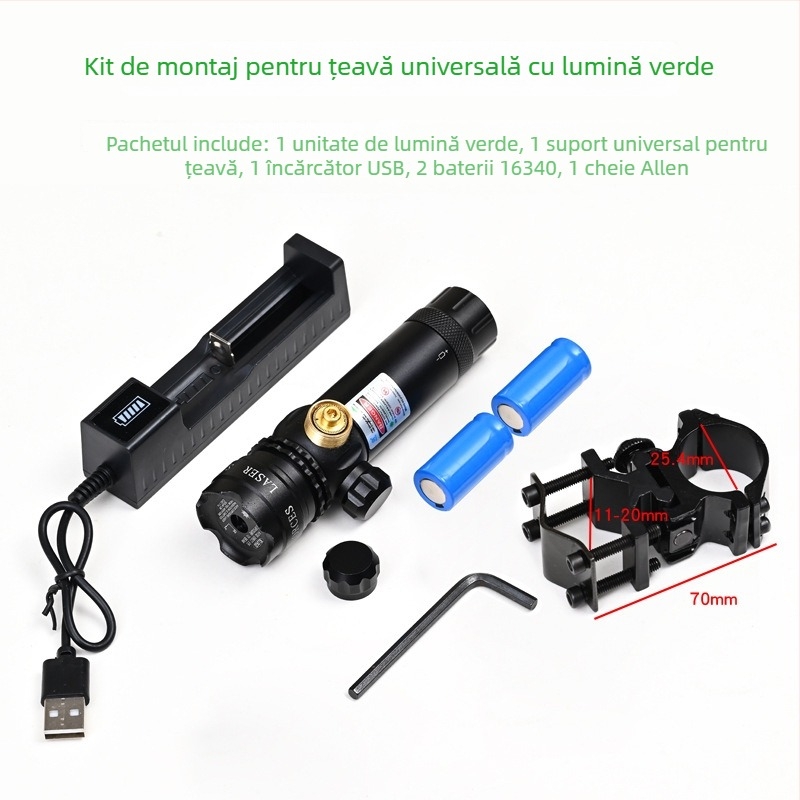 Vizor laser verde cu clemă pe țeavă, profil redus, anti-seismic, reglaj pe două axe