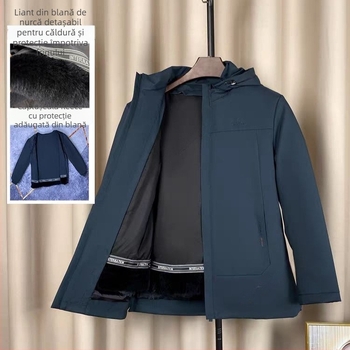 Parcă pentru bărbați din blană de vulpe, căptușeală detașabilă, croială slim, lungime medie, glugă detașabilă, fermoar frontal