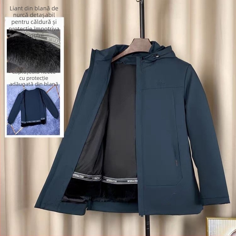 Parcă pentru bărbați din blană de vulpe, căptușeală detașabilă, croială slim, lungime medie, glugă detașabilă, fermoar frontal