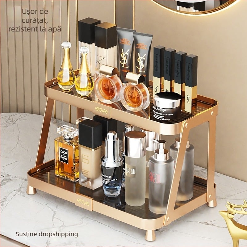 Raft de depozitare pentru cosmetice de baie, cu 2 etaje, suprafață placată cu aur, din plastic și aliaj de aluminiu, model 112, brand ebye