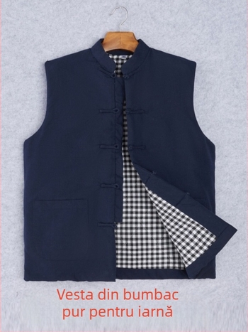 Vestă bărbătească din bumbac, stil Chinezesc, croială lejeră, bumbac cu căptușeală, buzunare cu patch tridimensional, ținută casual de iarnă, Iarna 2024