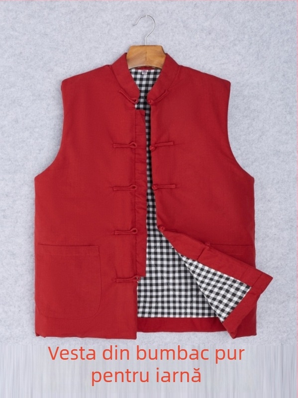 Vestă bărbătească din bumbac, stil Chinezesc, croială lejeră, bumbac cu căptușeală, buzunare cu patch tridimensional, ținută casual de iarnă, Iarna 2024