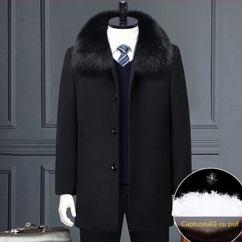 Palton de iarnă din lână, cu căptușeală detașabilă din puf, lungime medie, nasturi pe un rând, detalii jacquard