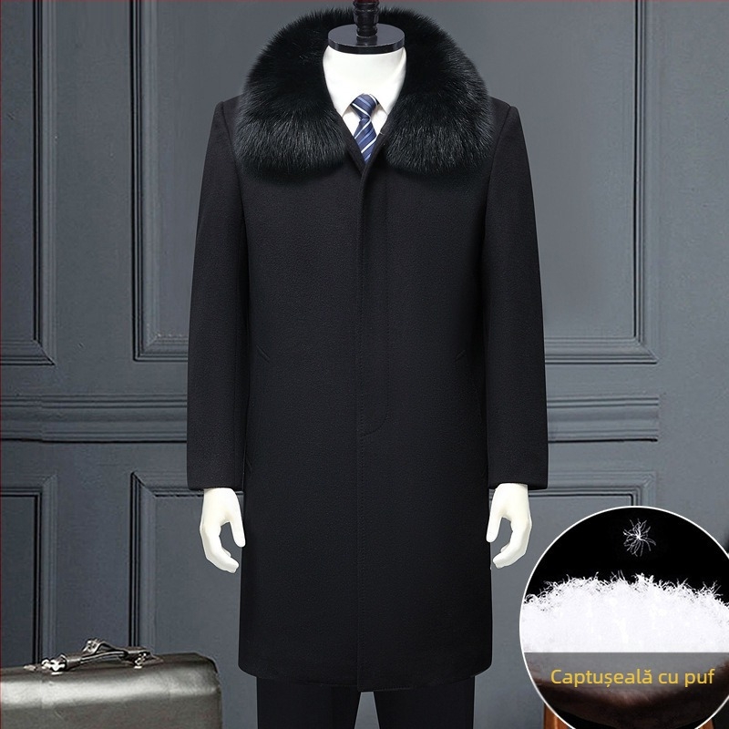 Palton de iarnă din lână, cu căptușeală detașabilă din puf, lungime medie, nasturi pe un rând, detalii jacquard