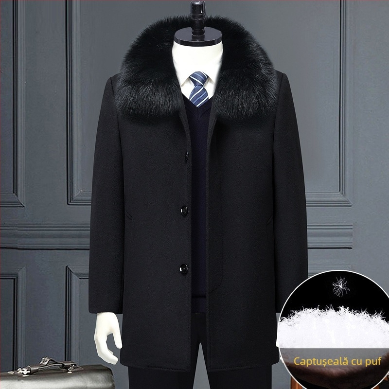 Palton de iarnă din lână, cu căptușeală detașabilă din puf, lungime medie, nasturi pe un rând, detalii jacquard