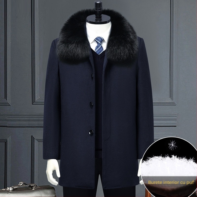 Palton de iarnă din lână, cu căptușeală detașabilă din puf, lungime medie, nasturi pe un rând, detalii jacquard