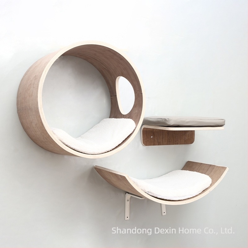 Aventurine Cadr de escaladare pentru pisici montat pe perete din lemn, cu platformă de sărit, coloană de escaladare, design compact, cu cuib încorporat și placă de zgâriere