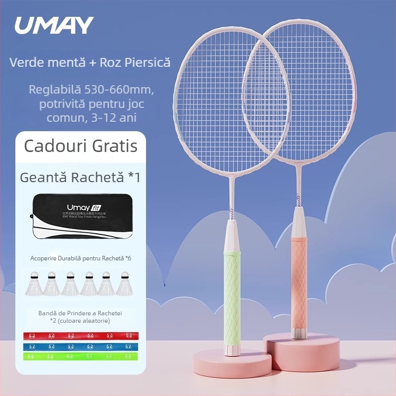 Set de rachete badminton pentru copii și tineri, ultra-ușor, durabil pentru antrenament (Single și Dublu), 95–100 g, ramă din aliaj de aluminiu, șnururi din fibră, duritate moderată