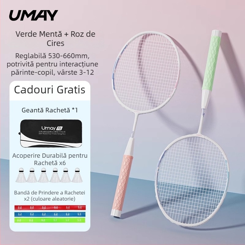 Set de rachete badminton pentru copii și tineri, ultra-ușor, durabil pentru antrenament (Single și Dublu), 95–100 g, ramă din aliaj de aluminiu, șnururi din fibră, duritate moderată