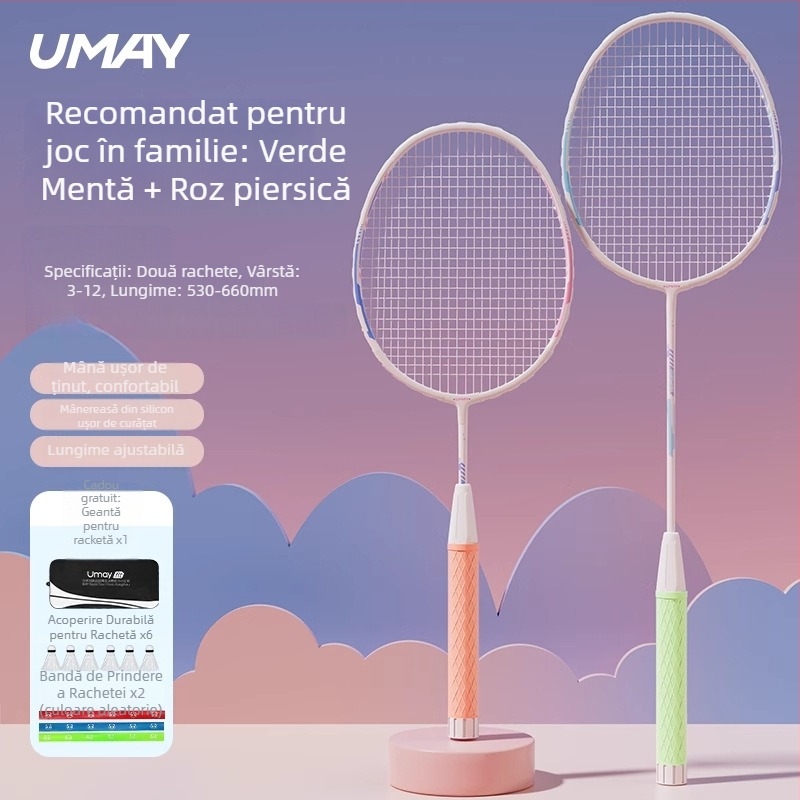 Set de rachete badminton pentru copii și tineri, ultra-ușor, durabil pentru antrenament (Single și Dublu), 95–100 g, ramă din aliaj de aluminiu, șnururi din fibră, duritate moderată