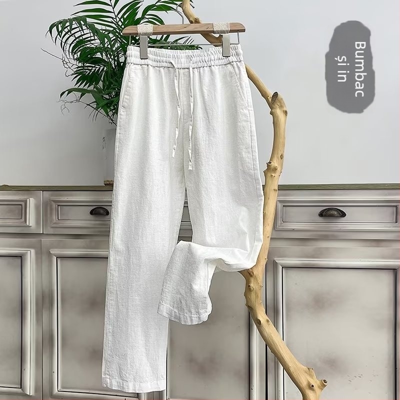 Pantaloni de bărbați din in, croială relaxată, material subțire, amestec bumbac-bambus, croi drept, stil coreean
