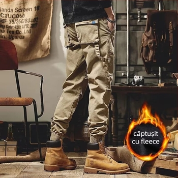 Pantaloni de lucru vintage în stil japonez iarnă, căptușiți cu fleece, unisex, croială lejeră, talie mid-rise, amestec de fibre chimice