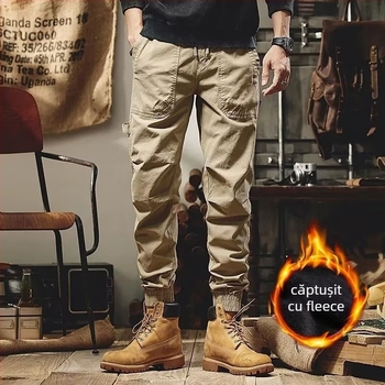Pantaloni de lucru vintage în stil japonez iarnă, căptușiți cu fleece, unisex, croială lejeră, talie mid-rise, amestec de fibre chimice
