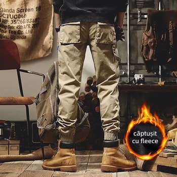 Pantaloni de lucru vintage în stil japonez iarnă, căptușiți cu fleece, unisex, croială lejeră, talie mid-rise, amestec de fibre chimice