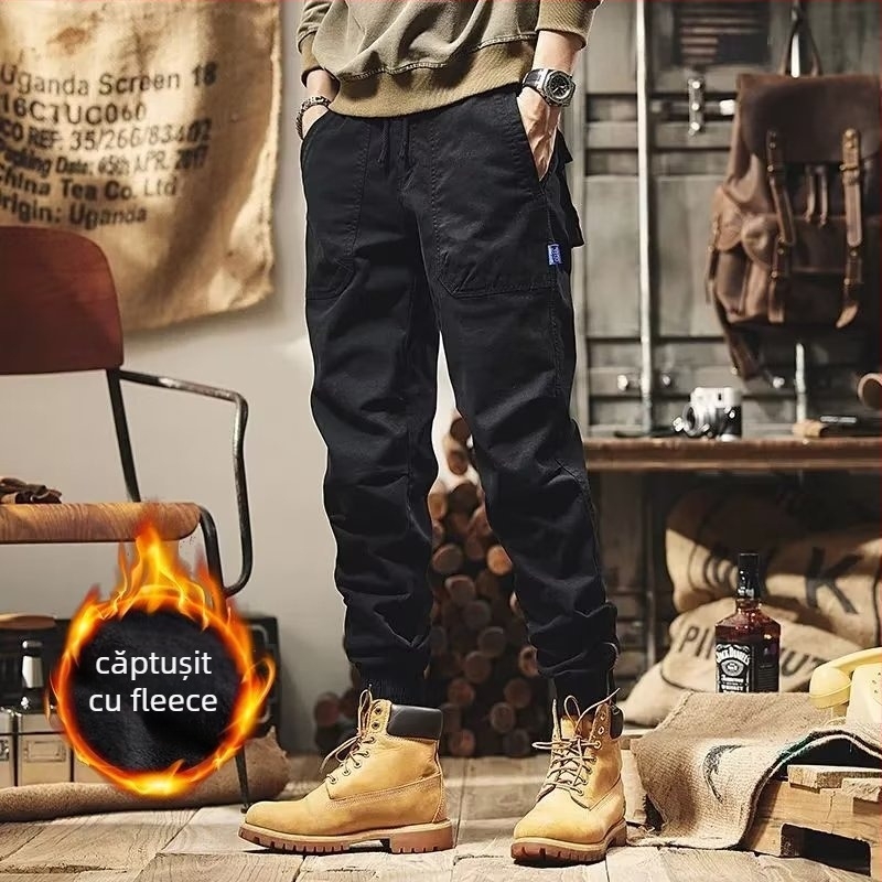 Pantaloni de lucru vintage în stil japonez iarnă, căptușiți cu fleece, unisex, croială lejeră, talie mid-rise, amestec de fibre chimice